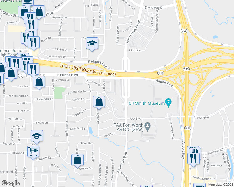map of restaurants, bars, coffee shops, grocery stores, and more near 4929 Oasis Court in Euless