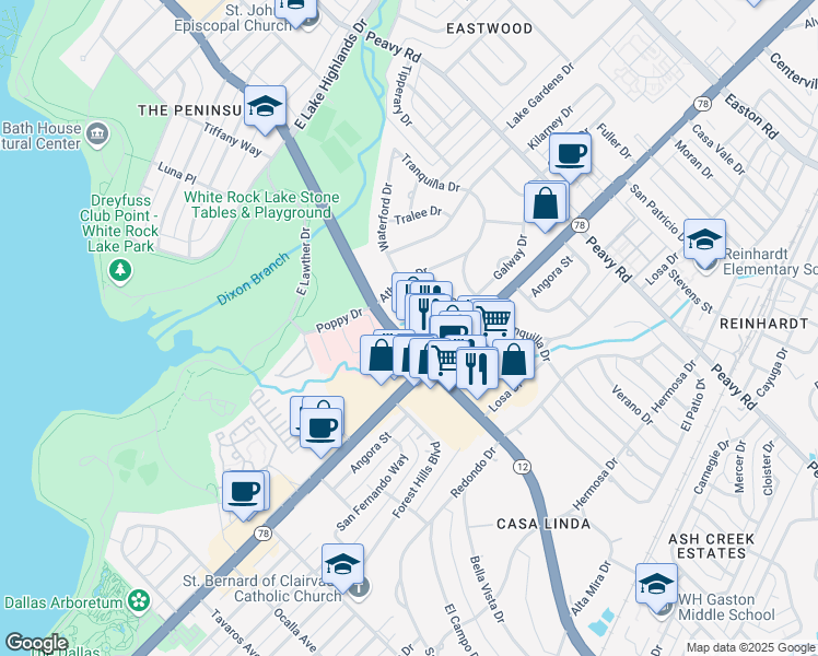 map of restaurants, bars, coffee shops, grocery stores, and more near 1134 North Buckner Boulevard in Dallas