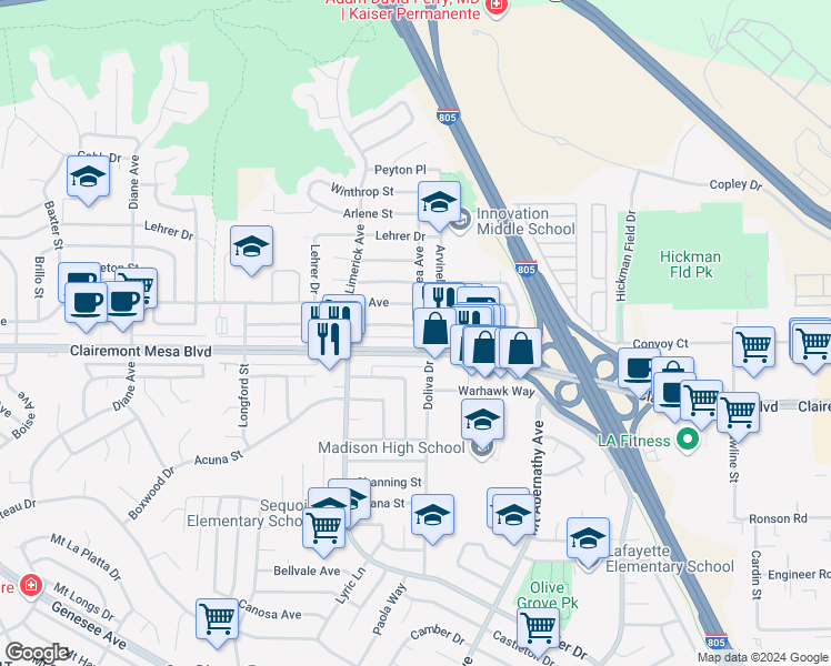 map of restaurants, bars, coffee shops, grocery stores, and more near 5371 Barstow Street in San Diego