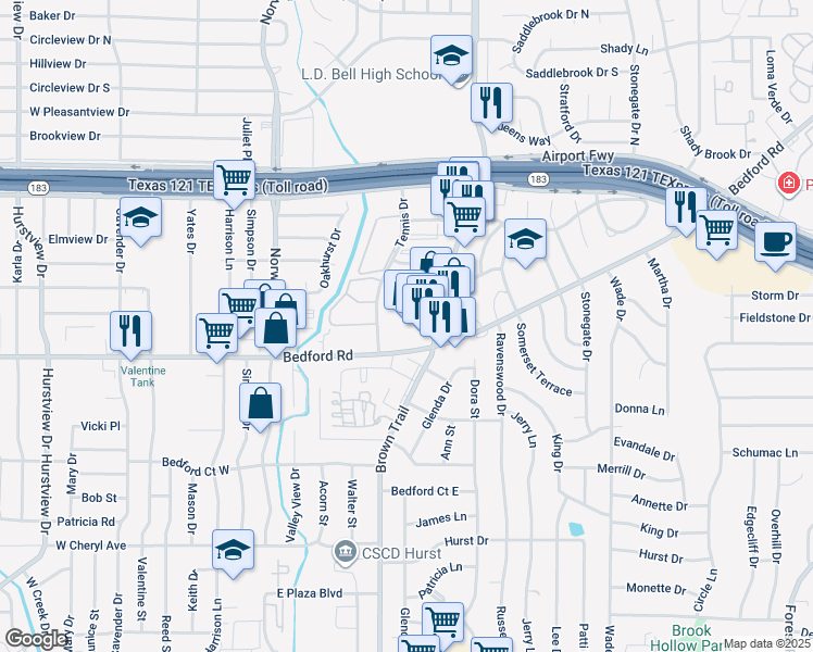 map of restaurants, bars, coffee shops, grocery stores, and more near 1307 Brown Trail in Bedford