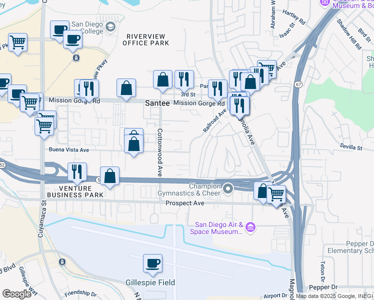 map of restaurants, bars, coffee shops, grocery stores, and more near 8768 Railroad Avenue in Santee