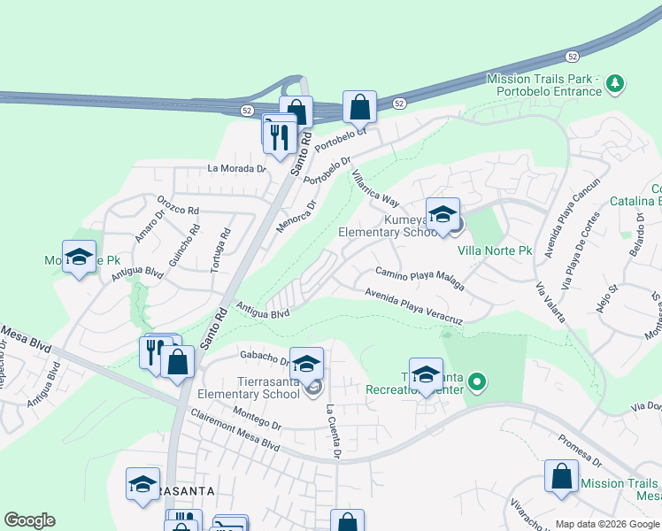 map of restaurants, bars, coffee shops, grocery stores, and more near 6151 Calle Mariselda in San Diego