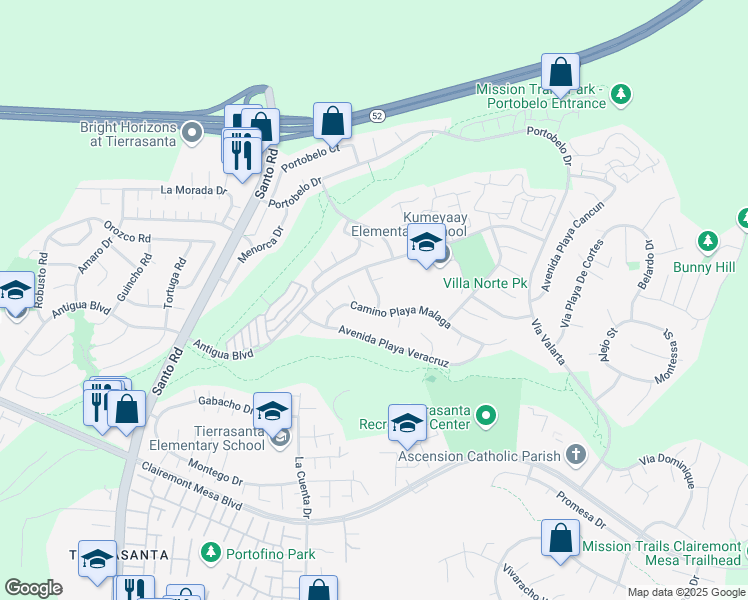 map of restaurants, bars, coffee shops, grocery stores, and more near 5020 Camino Playa Acapulco in San Diego