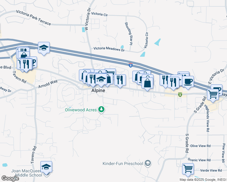 map of restaurants, bars, coffee shops, grocery stores, and more near 2327 Alpine Blvd in Alpine