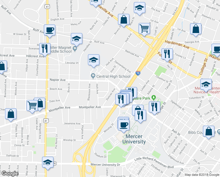 map of restaurants, bars, coffee shops, grocery stores, and more near 1174 Huguenin Avenue in Macon