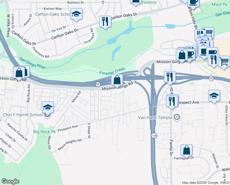 map of restaurants, bars, coffee shops, grocery stores, and more near 8692 Camden Drive in Santee