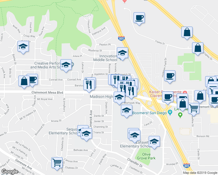 map of restaurants, bars, coffee shops, grocery stores, and more near 5371 Barstow Street in San Diego
