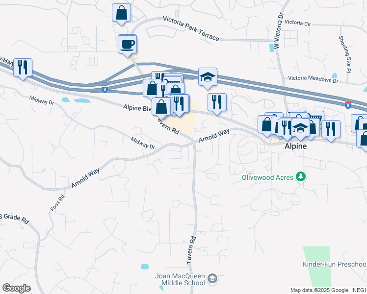 map of restaurants, bars, coffee shops, grocery stores, and more near 1829 Arnold Way in Alpine