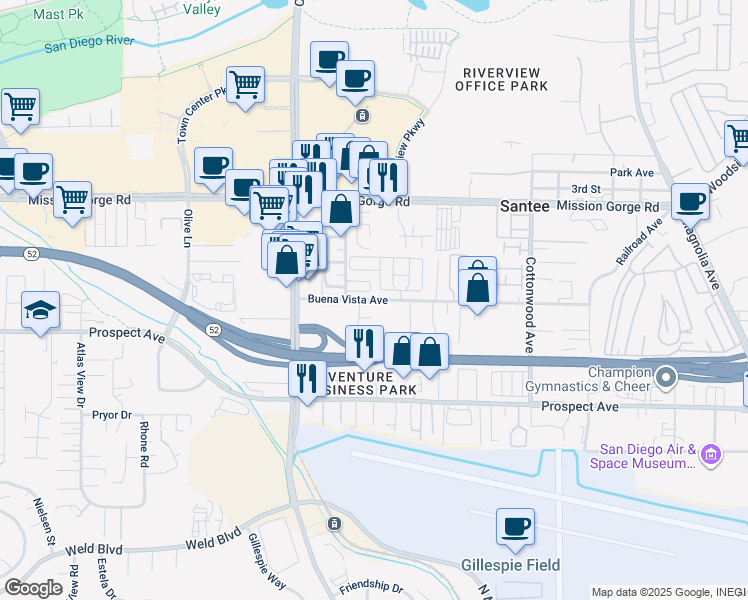 map of restaurants, bars, coffee shops, grocery stores, and more near 9941 Buena Vista Avenue in Santee