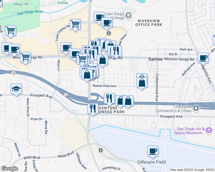 map of restaurants, bars, coffee shops, grocery stores, and more near 9941 Buena Vista Avenue in Santee