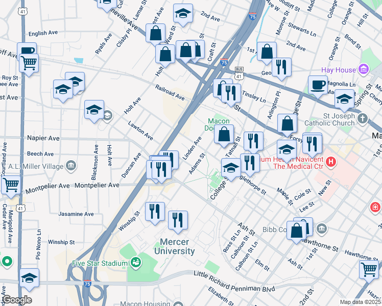 map of restaurants, bars, coffee shops, grocery stores, and more near in Macon