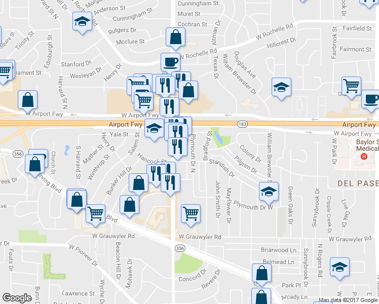 map of restaurants, bars, coffee shops, grocery stores, and more near 1917 Plymouth Drive North in Irving