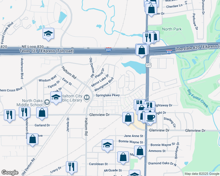 map of restaurants, bars, coffee shops, grocery stores, and more near 5101 Springlake Parkway in Haltom City