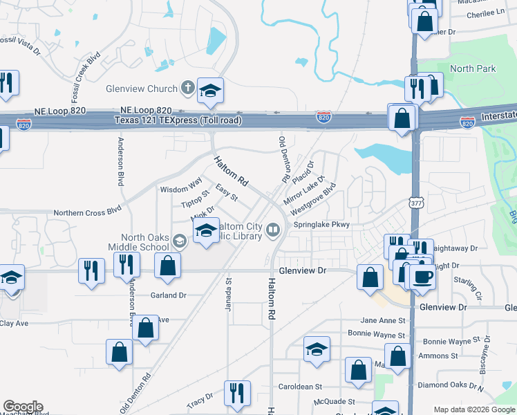 map of restaurants, bars, coffee shops, grocery stores, and more near 4948 Saucer Drive in Fort Worth