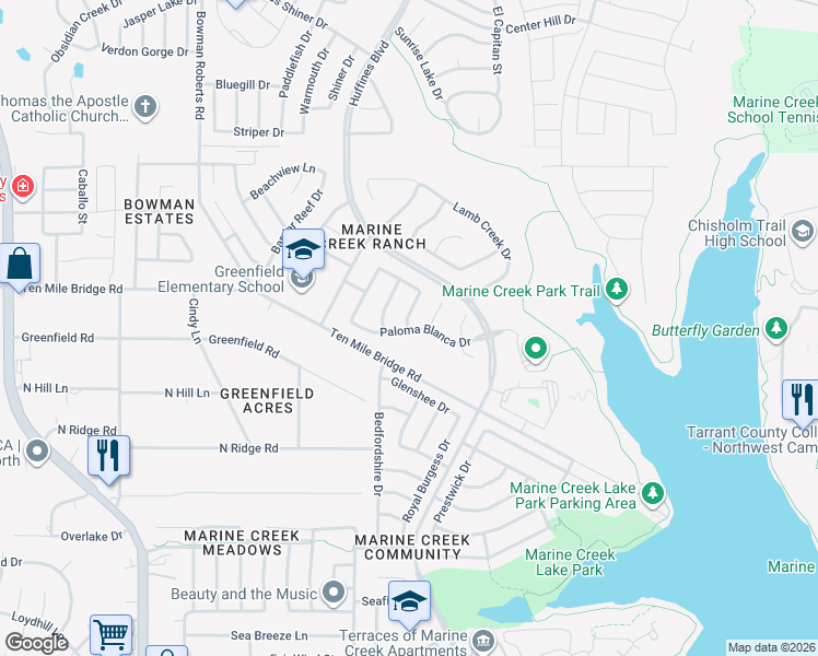 map of restaurants, bars, coffee shops, grocery stores, and more near 5601 Calf Creek Drive in Fort Worth