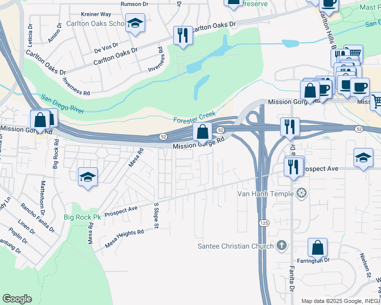 map of restaurants, bars, coffee shops, grocery stores, and more near 8621 Arminda Circle in Santee