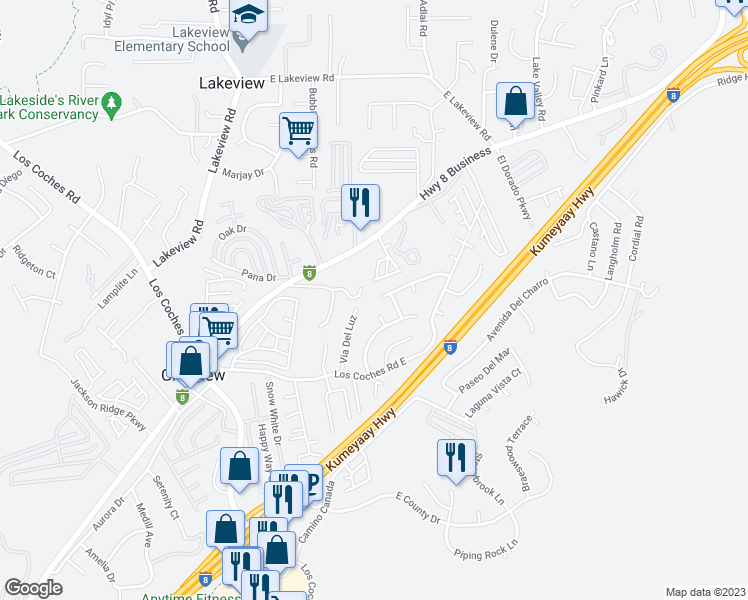 map of restaurants, bars, coffee shops, grocery stores, and more near 8698 Avenida Marco in El Cajon