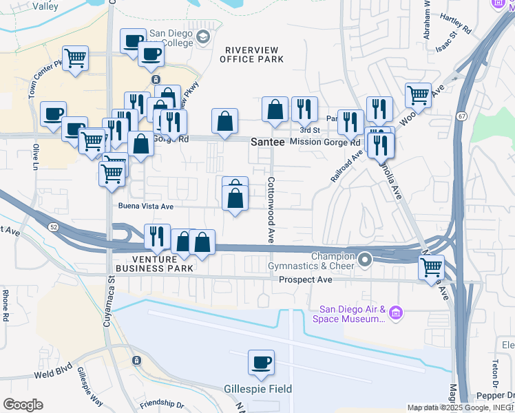 map of restaurants, bars, coffee shops, grocery stores, and more near 8778 Buena Vista Avenue in Santee