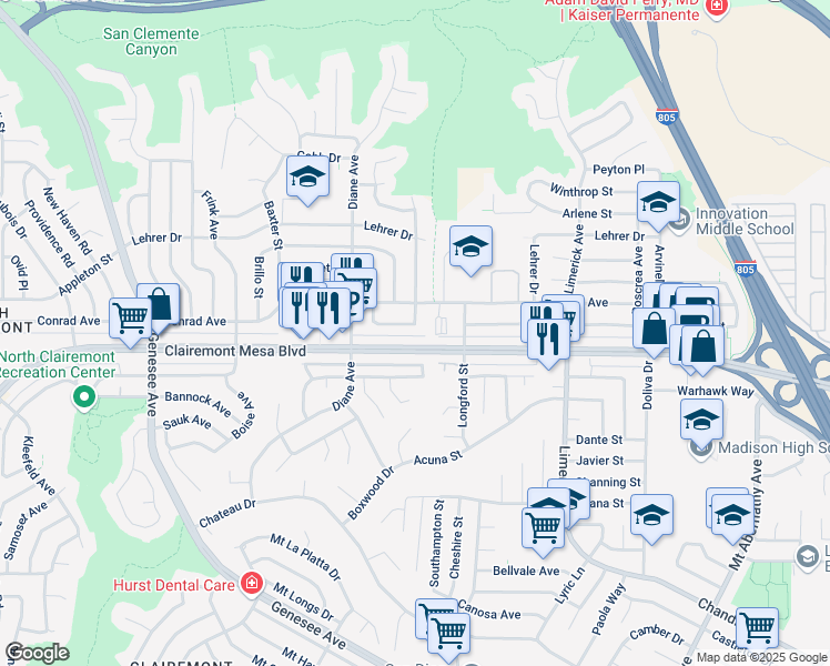 map of restaurants, bars, coffee shops, grocery stores, and more near 4885 Barstow Street in San Diego