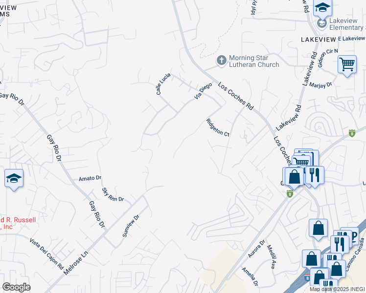 map of restaurants, bars, coffee shops, grocery stores, and more near 12449 Ridgeton Drive in Lakeside