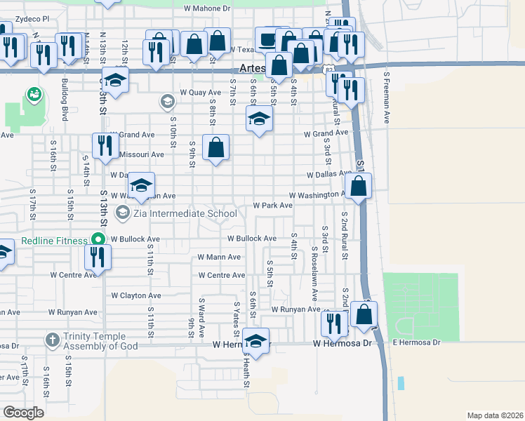 map of restaurants, bars, coffee shops, grocery stores, and more near 512 West Garst Avenue in Artesia