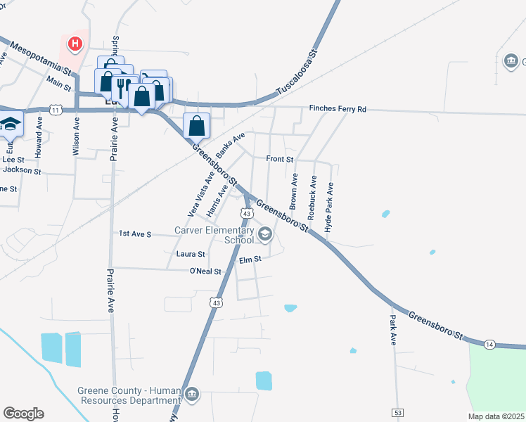 map of restaurants, bars, coffee shops, grocery stores, and more near 527 Greensboro Street in Eutaw