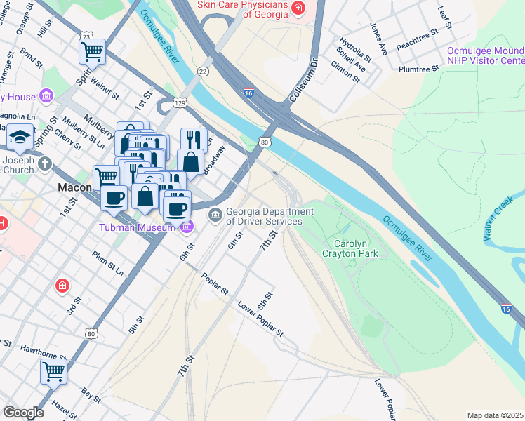 map of restaurants, bars, coffee shops, grocery stores, and more near 174 Walnut Street in Macon