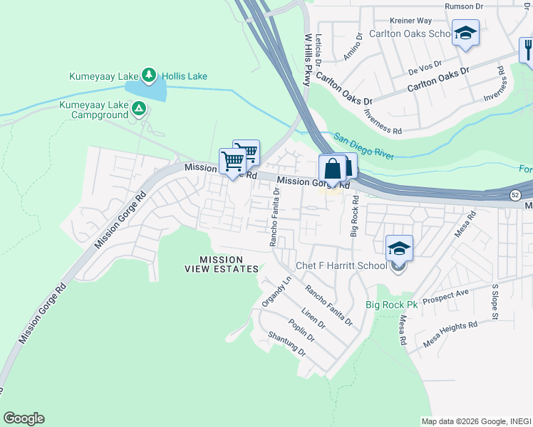 map of restaurants, bars, coffee shops, grocery stores, and more near 7867 Rancho Fanita Drive in Santee
