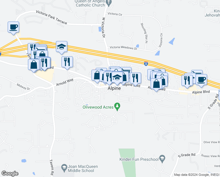 map of restaurants, bars, coffee shops, grocery stores, and more near 2153 Arnold Way in Alpine
