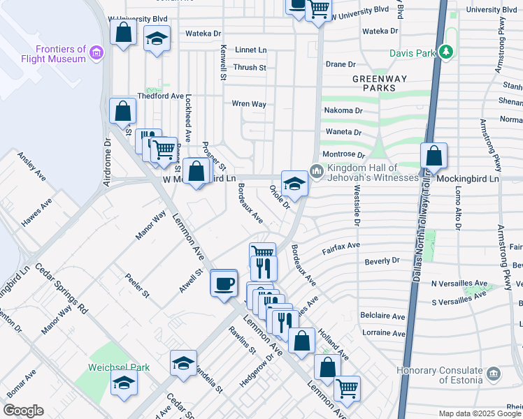 map of restaurants, bars, coffee shops, grocery stores, and more near 6362J Bordeaux Avenue in Dallas