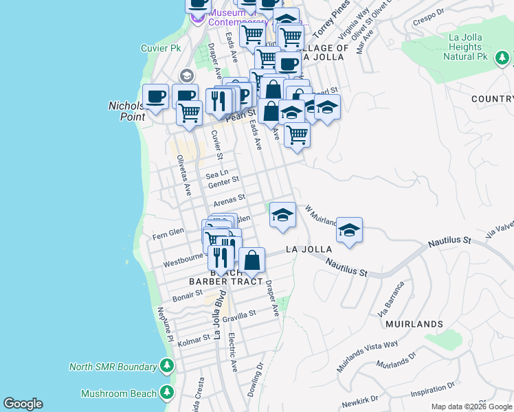 map of restaurants, bars, coffee shops, grocery stores, and more near 723 Rushville Street in San Diego