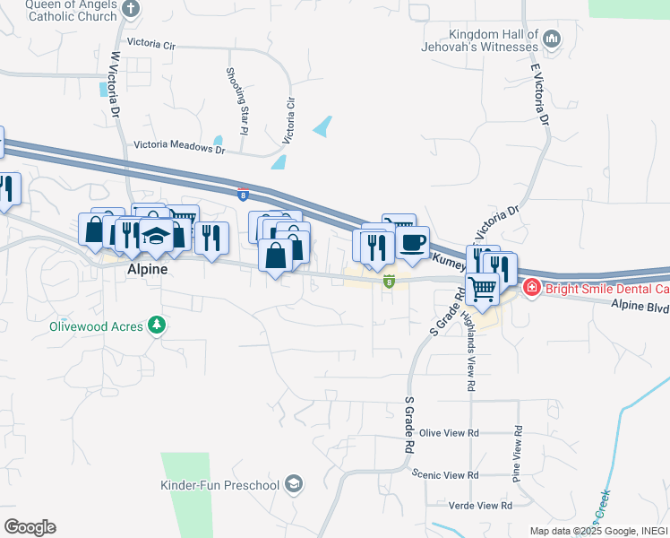 map of restaurants, bars, coffee shops, grocery stores, and more near 2616 Alpine Boulevard in Alpine