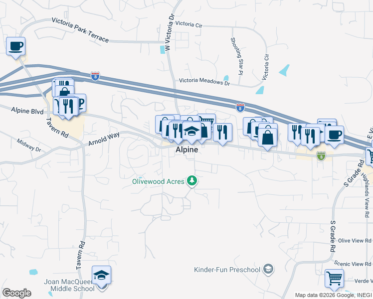 map of restaurants, bars, coffee shops, grocery stores, and more near in Alpine
