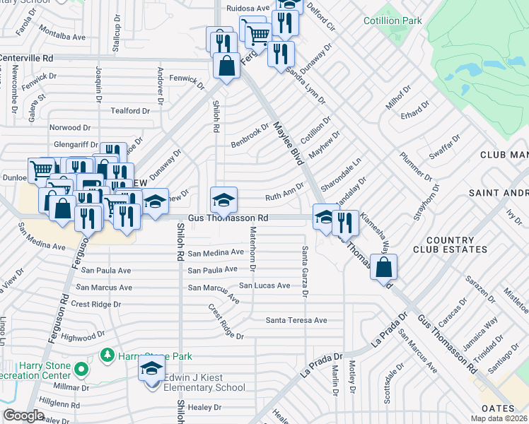 map of restaurants, bars, coffee shops, grocery stores, and more near 3119 Gus Thomasson Road in Dallas