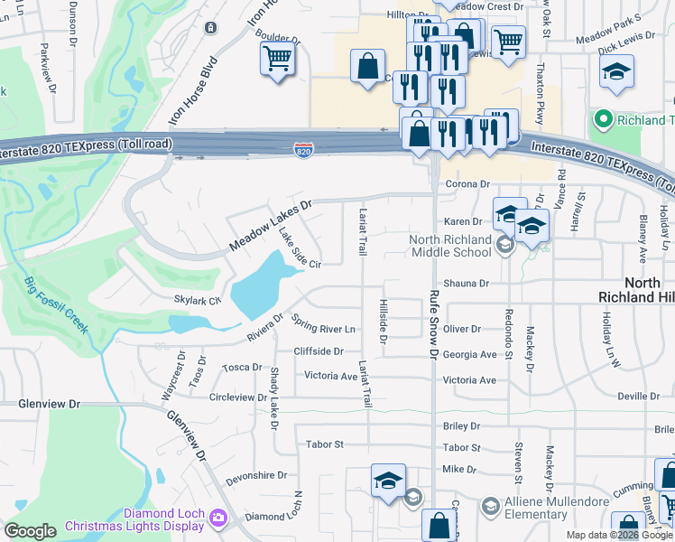 map of restaurants, bars, coffee shops, grocery stores, and more near 6505 Lake Side Circle in North Richland Hills