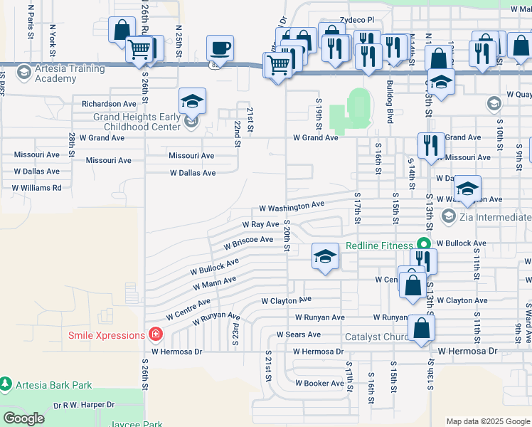 map of restaurants, bars, coffee shops, grocery stores, and more near 2101 West Washington Avenue in Artesia