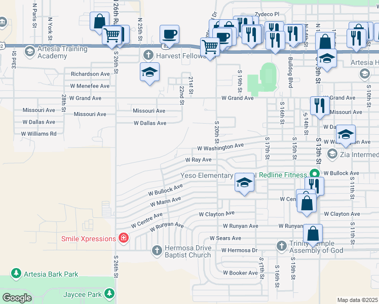 map of restaurants, bars, coffee shops, grocery stores, and more near 2201 West Washington Avenue in Artesia