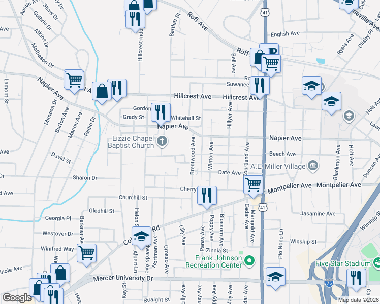 map of restaurants, bars, coffee shops, grocery stores, and more near 1198 Brentwood Avenue in Macon