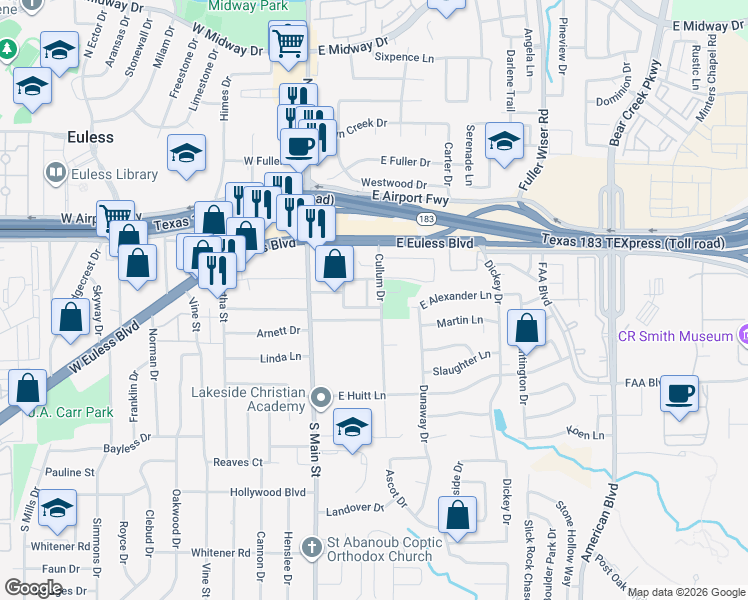 map of restaurants, bars, coffee shops, grocery stores, and more near 211 Colonial Lane in Euless
