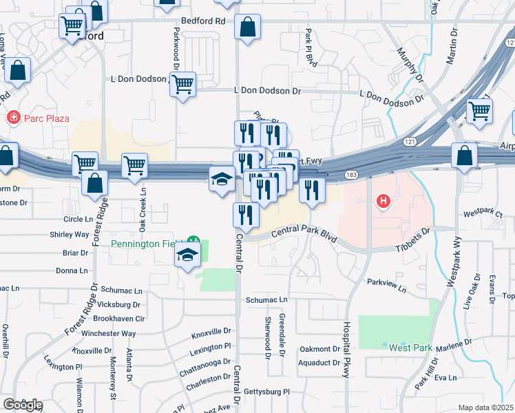 map of restaurants, bars, coffee shops, grocery stores, and more near 2200 Airport Freeway in Bedford