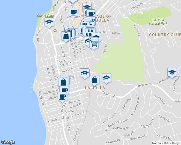 map of restaurants, bars, coffee shops, grocery stores, and more near Fay Avenue & West Muirlands Drive in San Diego
