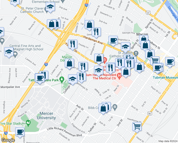 map of restaurants, bars, coffee shops, grocery stores, and more near 784 College Street in Macon