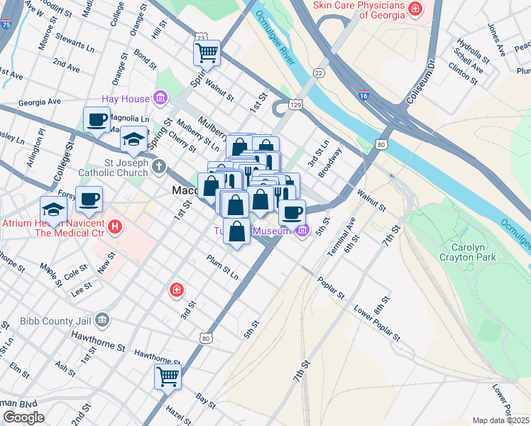 map of restaurants, bars, coffee shops, grocery stores, and more near 440 3rd Street in Macon