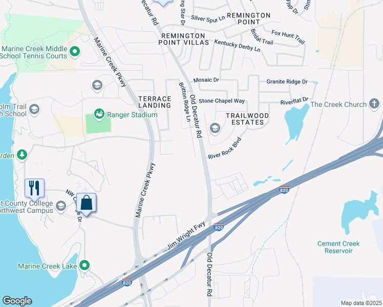 map of restaurants, bars, coffee shops, grocery stores, and more near 5013 Britton Ridge Lane in Fort Worth