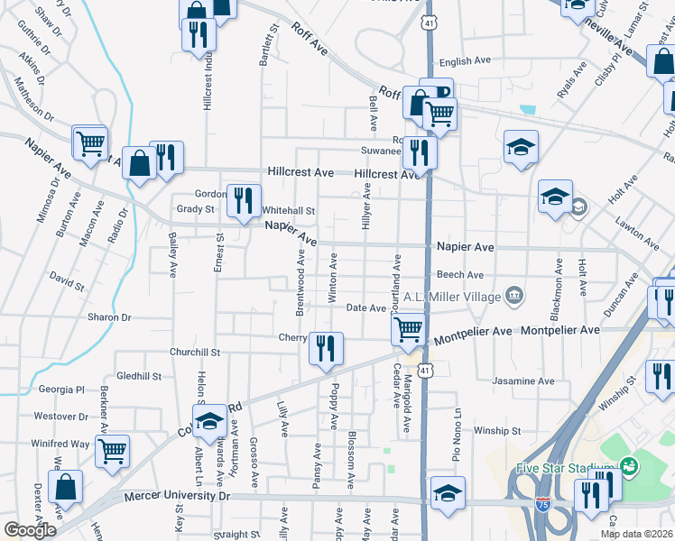 map of restaurants, bars, coffee shops, grocery stores, and more near 1198 Winton Avenue in Macon