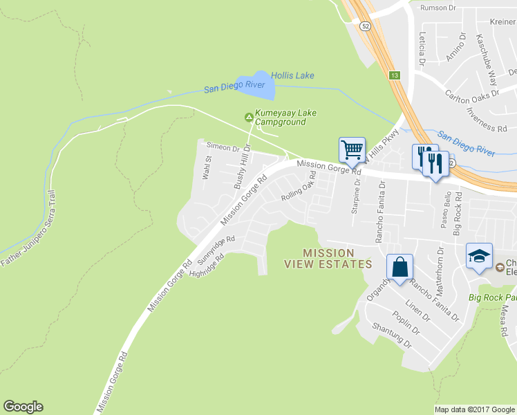 map of restaurants, bars, coffee shops, grocery stores, and more near 161 Rolling Oak Road in Santee