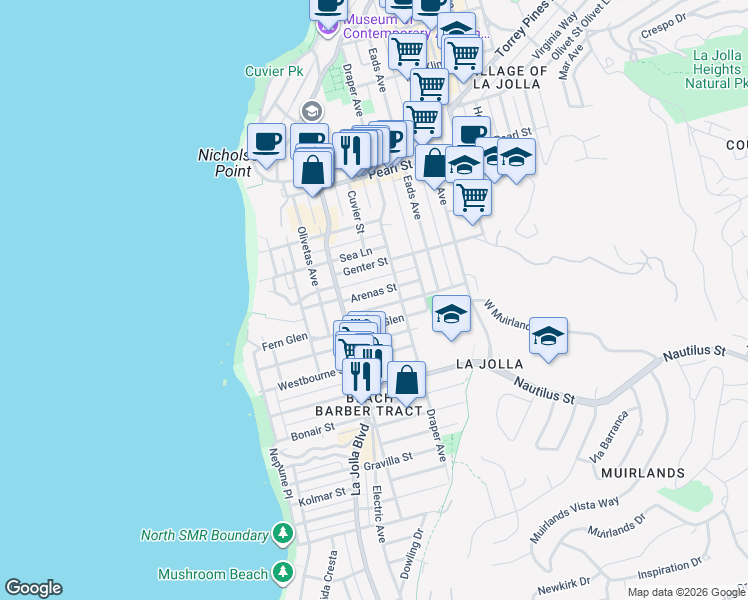 map of restaurants, bars, coffee shops, grocery stores, and more near 605 Arenas Street in San Diego