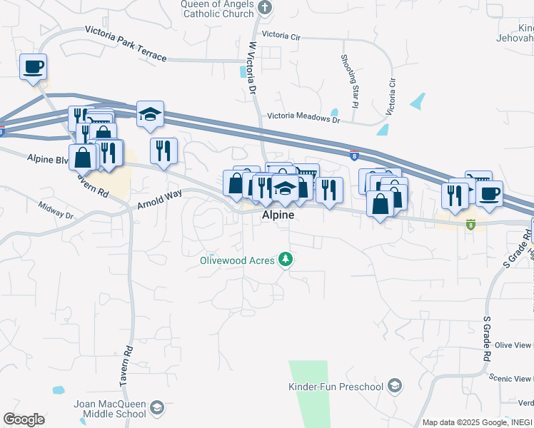 map of restaurants, bars, coffee shops, grocery stores, and more near 2157 Arnold Way in Alpine