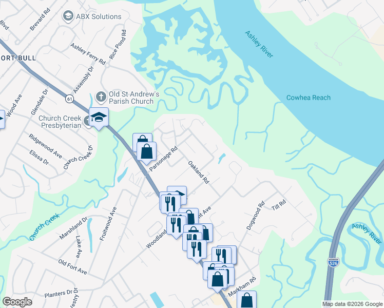 map of restaurants, bars, coffee shops, grocery stores, and more near 2335 Herndon Drive in Charleston