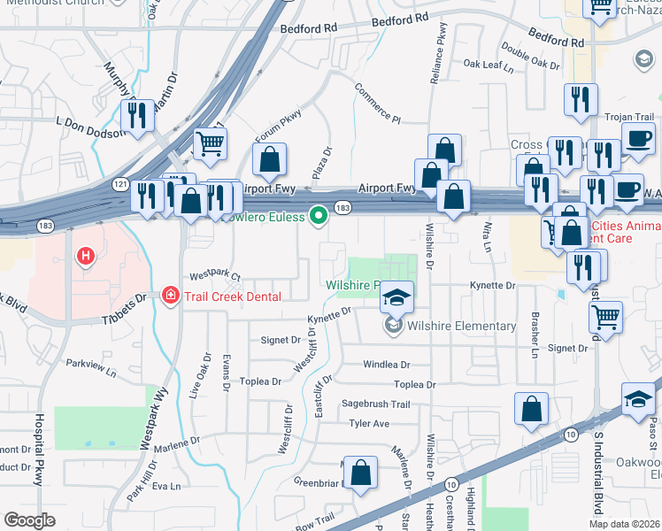 map of restaurants, bars, coffee shops, grocery stores, and more near 1881 Airport Freeway in Euless